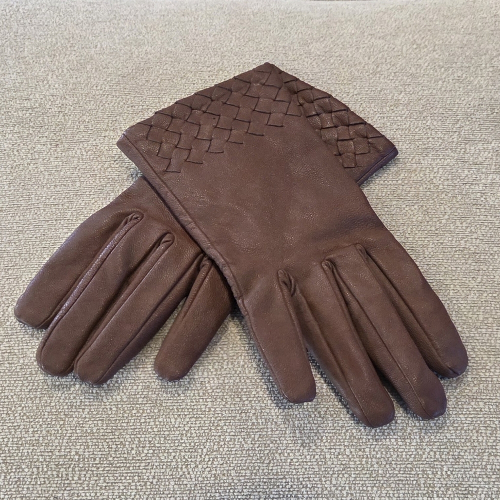Vtg Avon Brown Leather Gloves Woven Detail Goatskin Womens S/M 6.5-7.5
